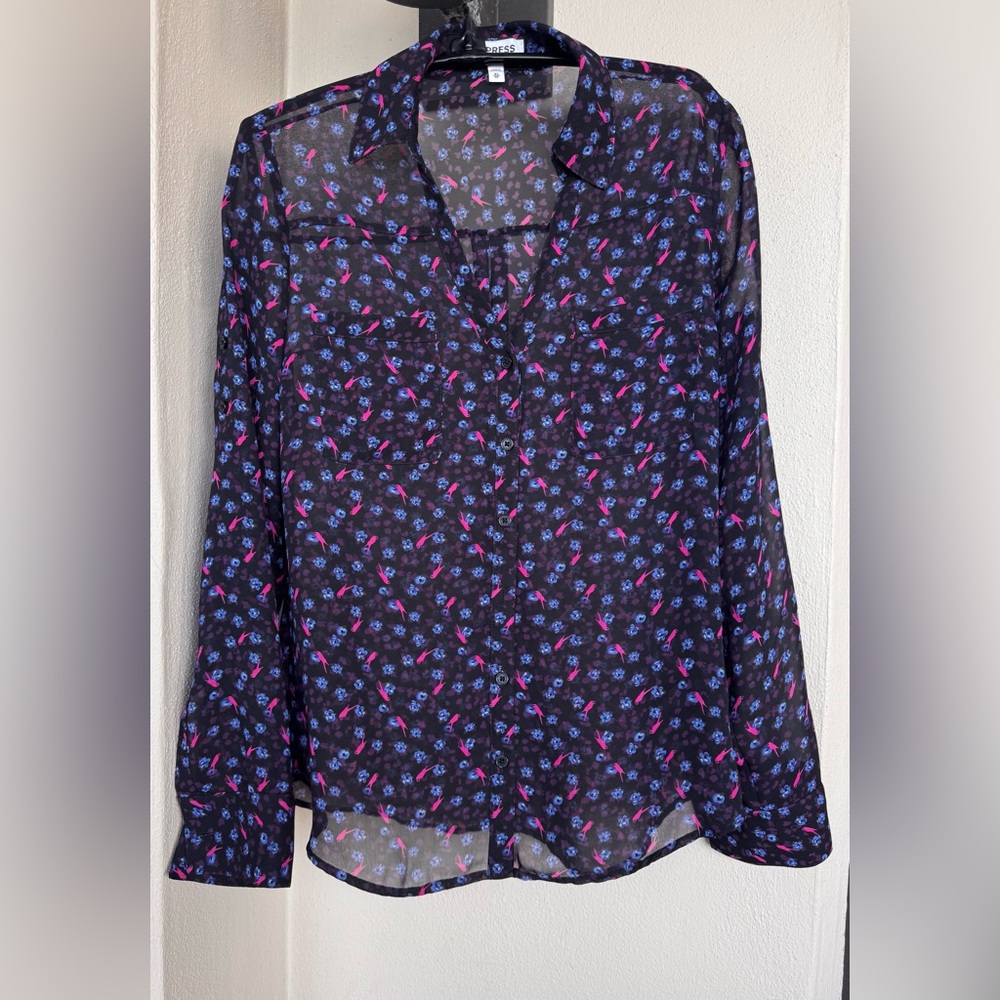 Express Portofino Black Long Sleeve Semi-Sheer Blouse Bird/Floral Print XS